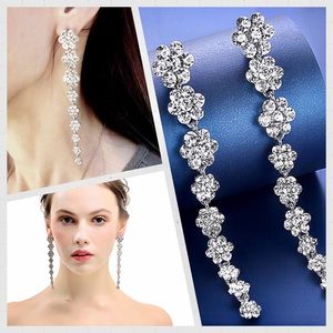 Long Dramatic Rhinestone Flower Drop Earrings 11cm